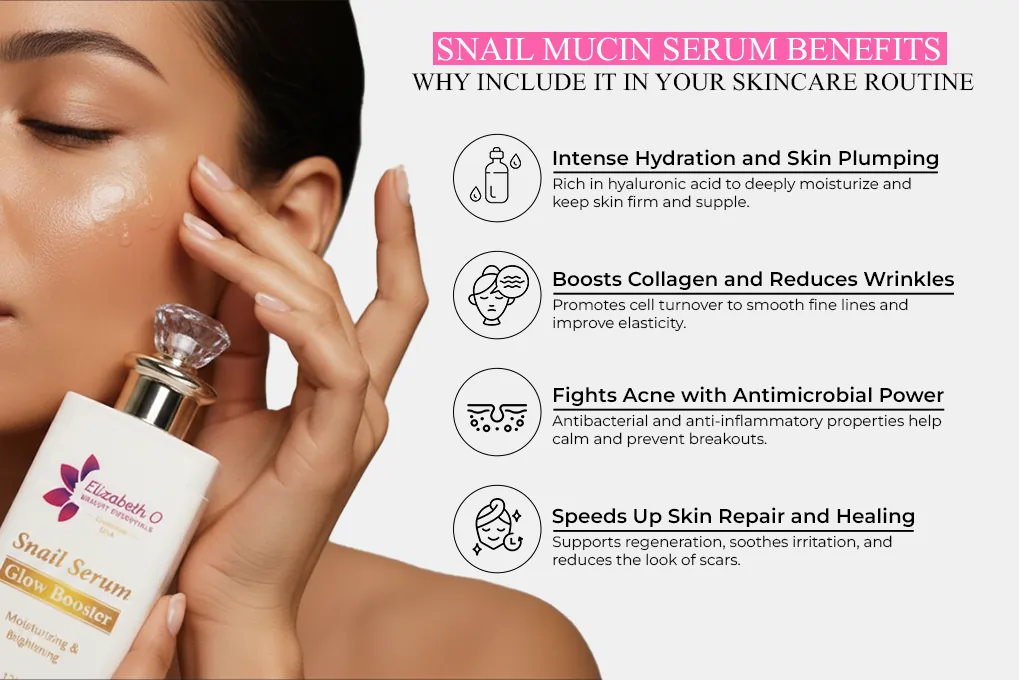 Snail mucin serum benefits including intense skin hydration, collagen boosting, acne reduction, and skin healing.