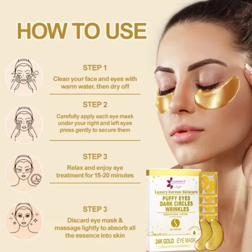 24K GOLD Puffy Eyes, Dark circles, Wrinkles Eye Mask - 20 pairs