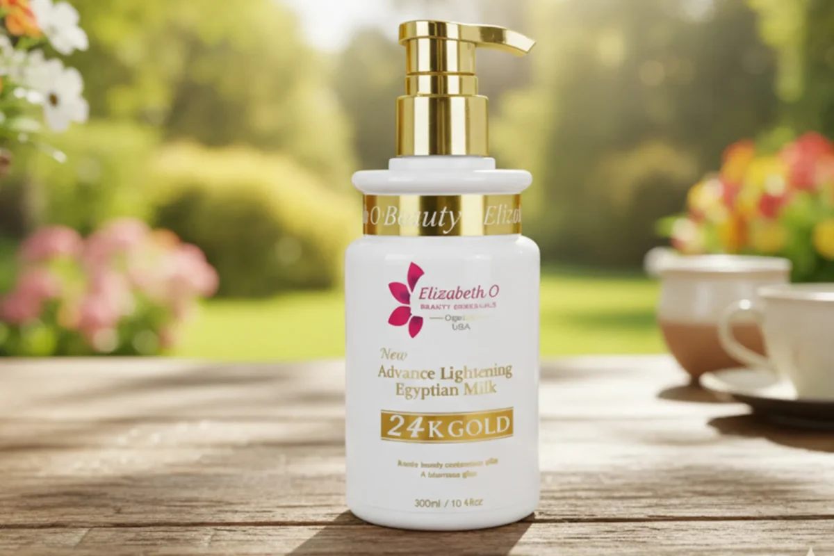whitening milk lotion labelled as 24k gold lightening egyptian milk in a pump bottle container