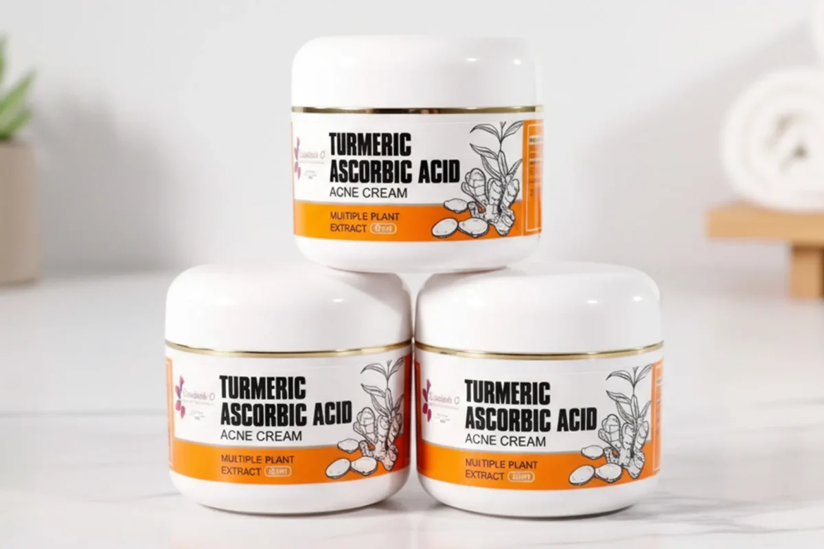 bundle of 3 creams named turmeric ascorbic acid acne cream for acne treatment placed in jar packing.