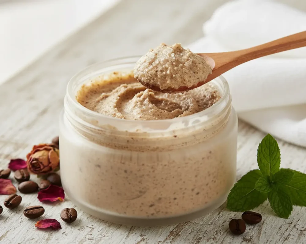 Natural coffee and rose body scrub in a glass jar with a wooden spoon showing creamy exfoliating texture.