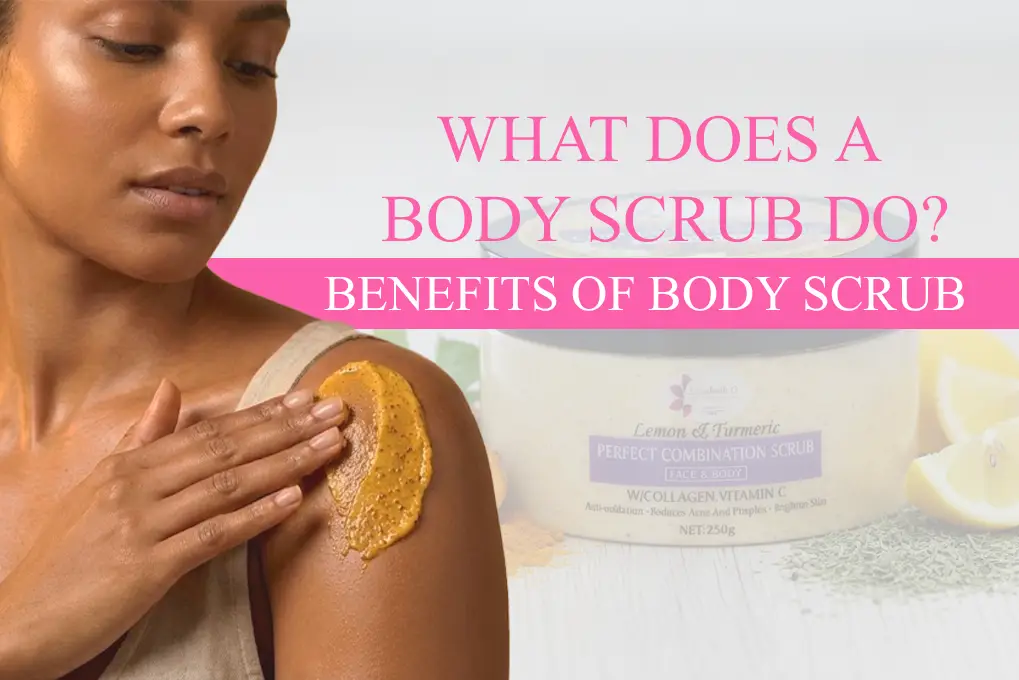Woman applying lemon and turmeric body scrub to her shoulder for skin brightening and exfoliation.