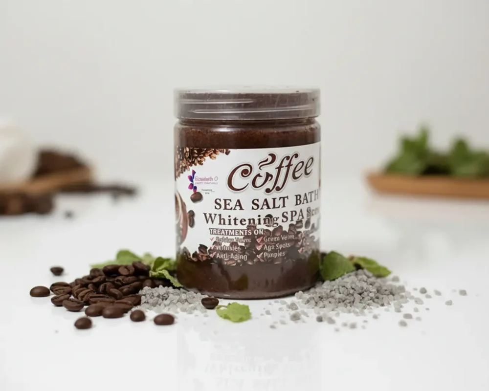 Coffee sea salt bath scrub jar with coffee beans and sea salt for an exfoliating spa treatment.