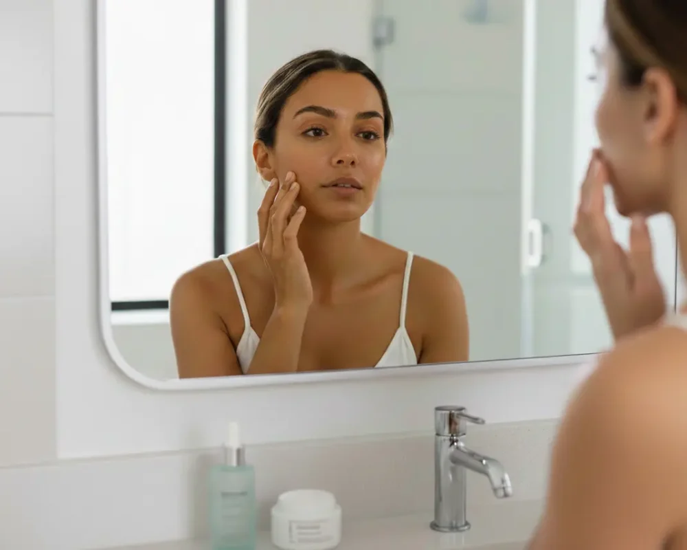 A woman looking in a mirror and touching her cheek, assessing oily and dry zones of her combination skin