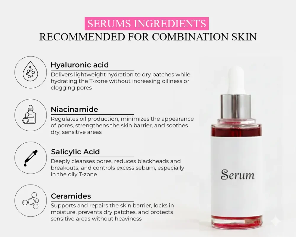 Elizabeth O Beauty guide to treating oiliness dry cheeks and enlarged pores in combination skin with serums.